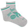 Gray socks with green and pink accents featuring a tennis racket and 'ONE LOVE' text on a white background.