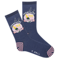 Navy socks with champagne bottle design and 'K. Bell' branding on a white background