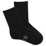 Pair of black socks with a smiley face and initials on a white background thumbnail