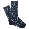 Navy socks with small floral pattern on a white background, featuring K. Bell branding.