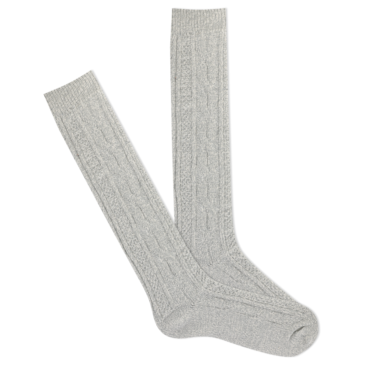 A pair of beige knee-high socks with a cable knit design in a gray color.