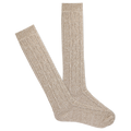 A pair of beige knee-high socks with a cable knit design in a tan color.