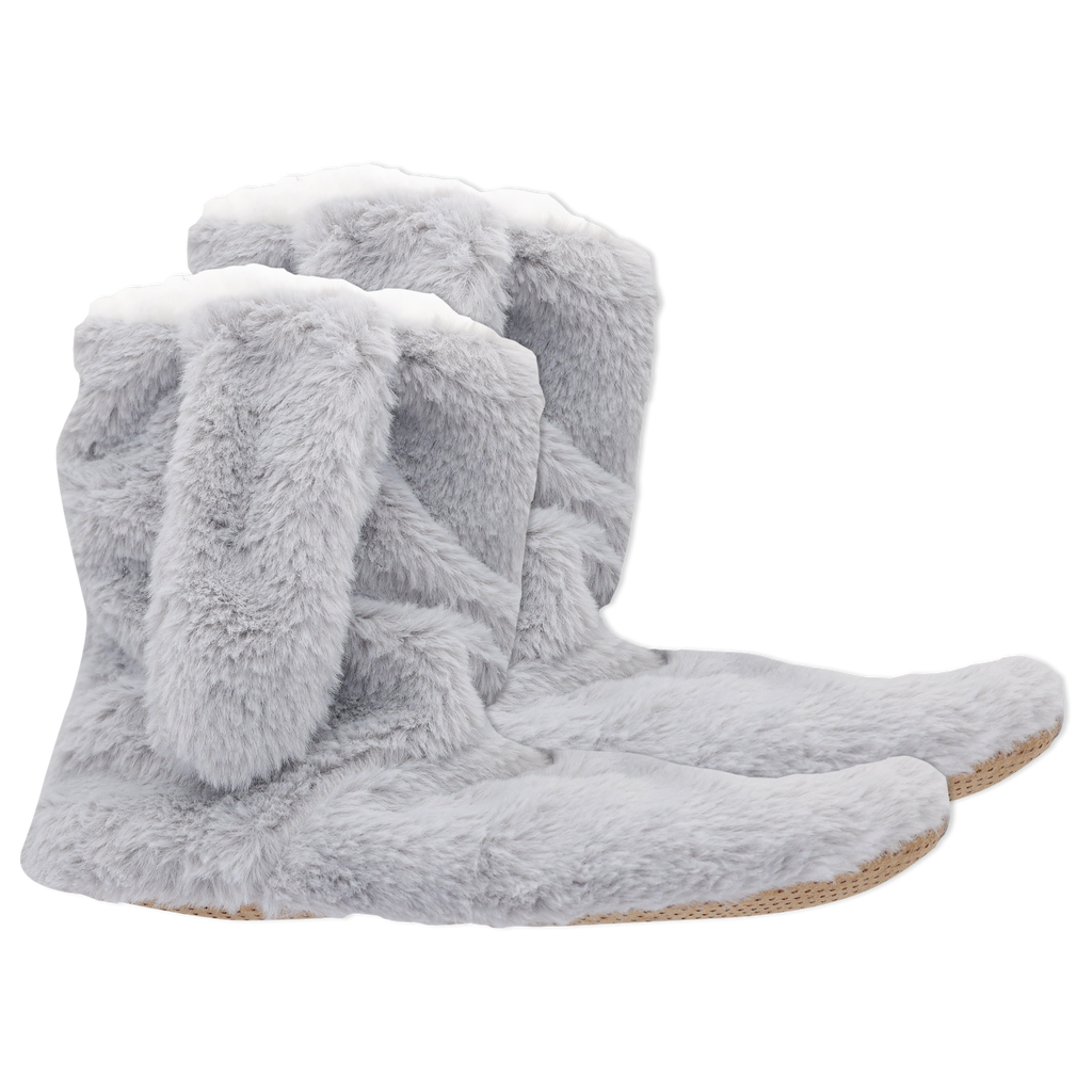 A pair of gray faux fur fluffy bunny slippers with adorable floppy bunny ears.