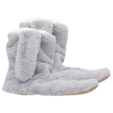 A pair of gray faux fur fluffy bunny slippers with adorable floppy bunny ears.