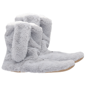 A pair of gray faux fur fluffy bunny slippers with adorable floppy bunny ears.