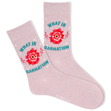 A pair of pink crew socks with a red carnation design and the text 'WHAT IN CARNATION' written on the side. thumbnail