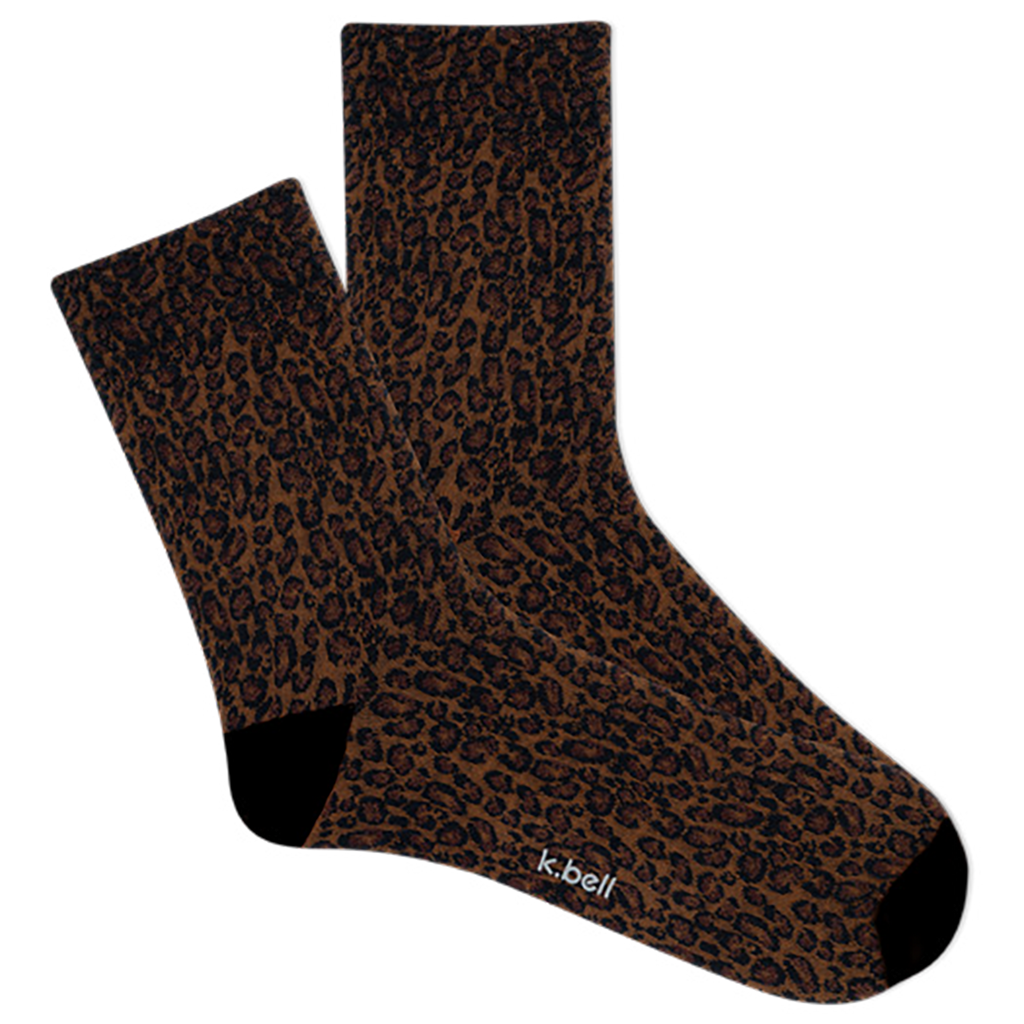Pair of women's brown leopard print socks with 'k.bell' branding on a white background