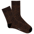Pair of women's brown leopard print socks with 'k.bell' branding on a white background
