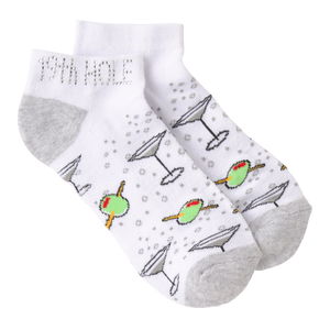 White socks with cocktail and umbrella pattern on a white background