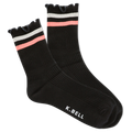 Black socks with pink and white stripes on a white background, featuring the brand 'K. Bell'.