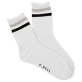 White socks with black and gray stripes and 'K. Bell' branding on a white background