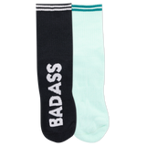 Two ankle socks, one black and one white, with the word 'BADASS' written across the cuffs and a reflective logo on the black sock. thumbnail