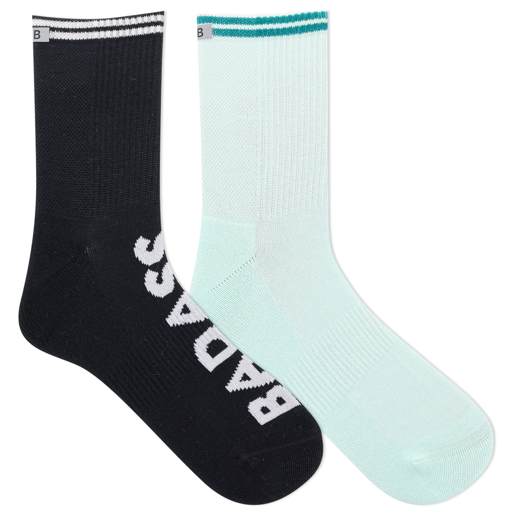 Two socks, one black and one light blue, with 'Bacca Bucci' branding on a white background.