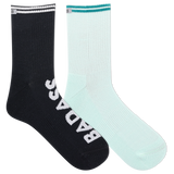 Two socks, one black and one light blue, with 'Bacca Bucci' branding on a white background. thumbnail