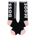 Black socks with 'BOSS' and 'MODE' text and pink accents on a white background