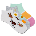 Three pairs of low cut socks with various colorful designs and text readings 'K.Bell'.