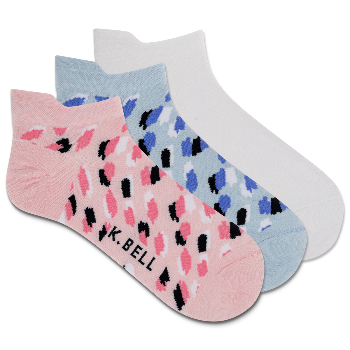 Three pairs of low cut socks with abstract animal brush stroke patterns in blue, pink, and white colors.