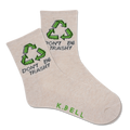 A pair of white crew socks with green recycling symbols and the text 'DON'T BE TRASHY' printed on the side, signed by 'K.BELL'.