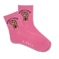 A pair of pink active crew socks with 'Women Unite' text and a fist graphic, and the brand name 'K.Bell' displayed at the bottom.