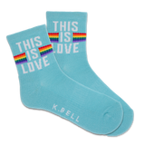 Turquoise socks with 'This is Love' text and rainbow stripes, brand 'K. Bell' visible. thumbnail