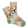 Pair of socks with food-themed design on a beige background, featuring the brand 'K. Bell'.