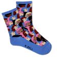 Pair of socks with a colorful pattern of faces on a blue background, featuring the brand 'K. Bell'.
