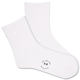 White socks with a smiley face and 'K.B' logo on a white background