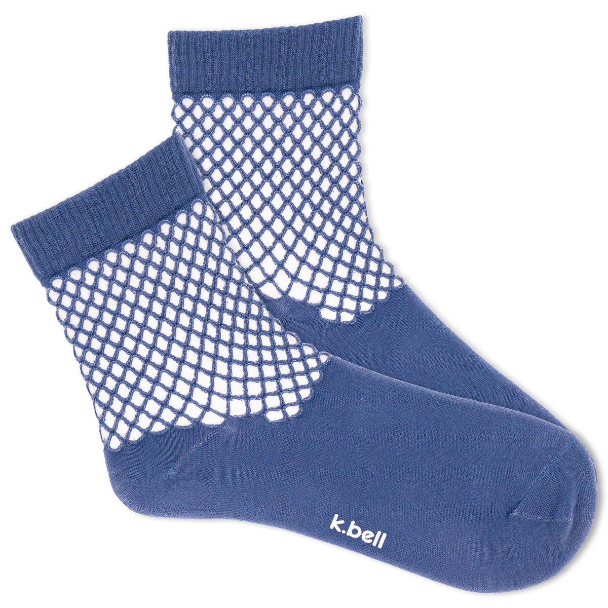 Blue ankle socks with crochet net cuff.