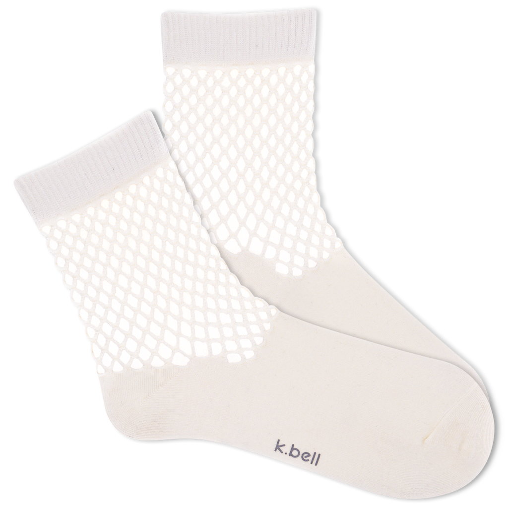 White K.Bell ankle socks with crochet net cuff.