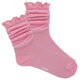 Pink socks with ruffled top on a white background, featuring the brand 'k.bell'. thumbnail