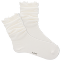 White ruffled sock with 'k.bell' branding on a white background