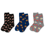 A mom and two kids sitting together eating pizza, wearing matching outfits with pizza-themed socks. thumbnail