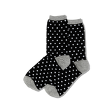 HOTSOX women's black and white polka dot socks with gray accents at the top cuff, heel and toe.