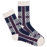 Women's K.Bell crew socks with a white, navy and red plaid pattern. thumbnail