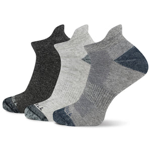 Three pairs of socks in black, gray, and blue on a white background