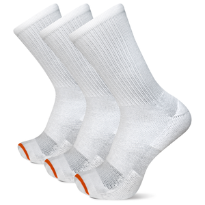Three pairs of white socks with orange accents on a white background