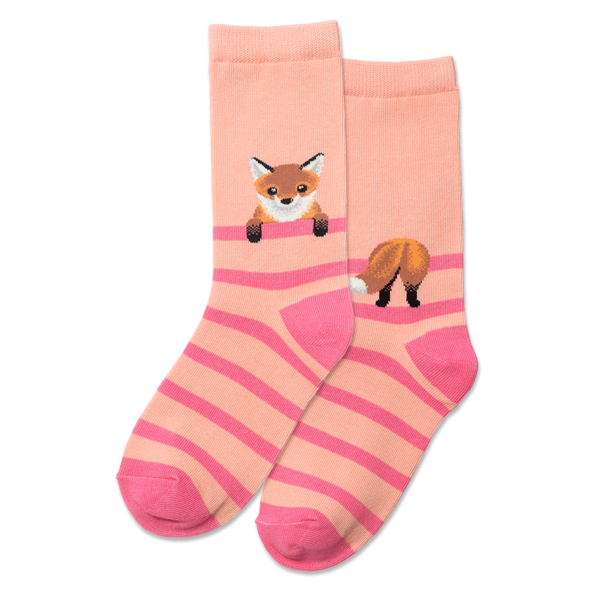Person wearing pink and beige striped socks with fox designs on a gray floor.