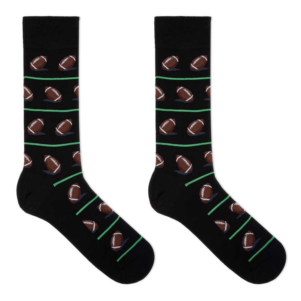 HOTSOX men's black crew socks with a repeat football pattern.