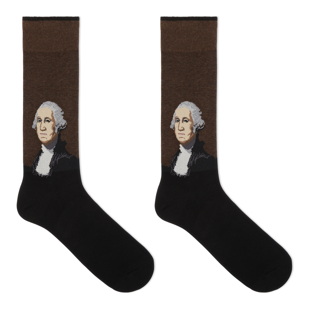 A pair of men's crew socks featuring a silhouette of George Washington on the upper part.