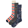 Three pairs of men's striped socks with barber-themed patterns including scissors, clippers, and keys.