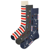 Three pairs of men's striped socks with barber-themed patterns including scissors, clippers, and keys. thumbnail