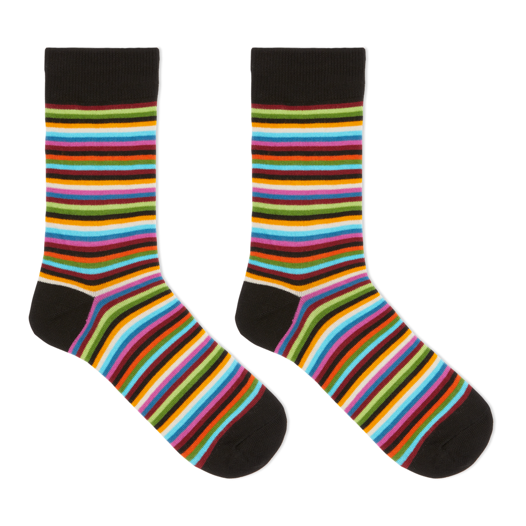 A pair of women's crew socks with multicolor horizontal stripes.