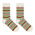 A pair of women's crew socks with multicolor horizontal stripes.