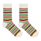 A pair of women's crew socks with multicolor horizontal stripes. thumbnail
