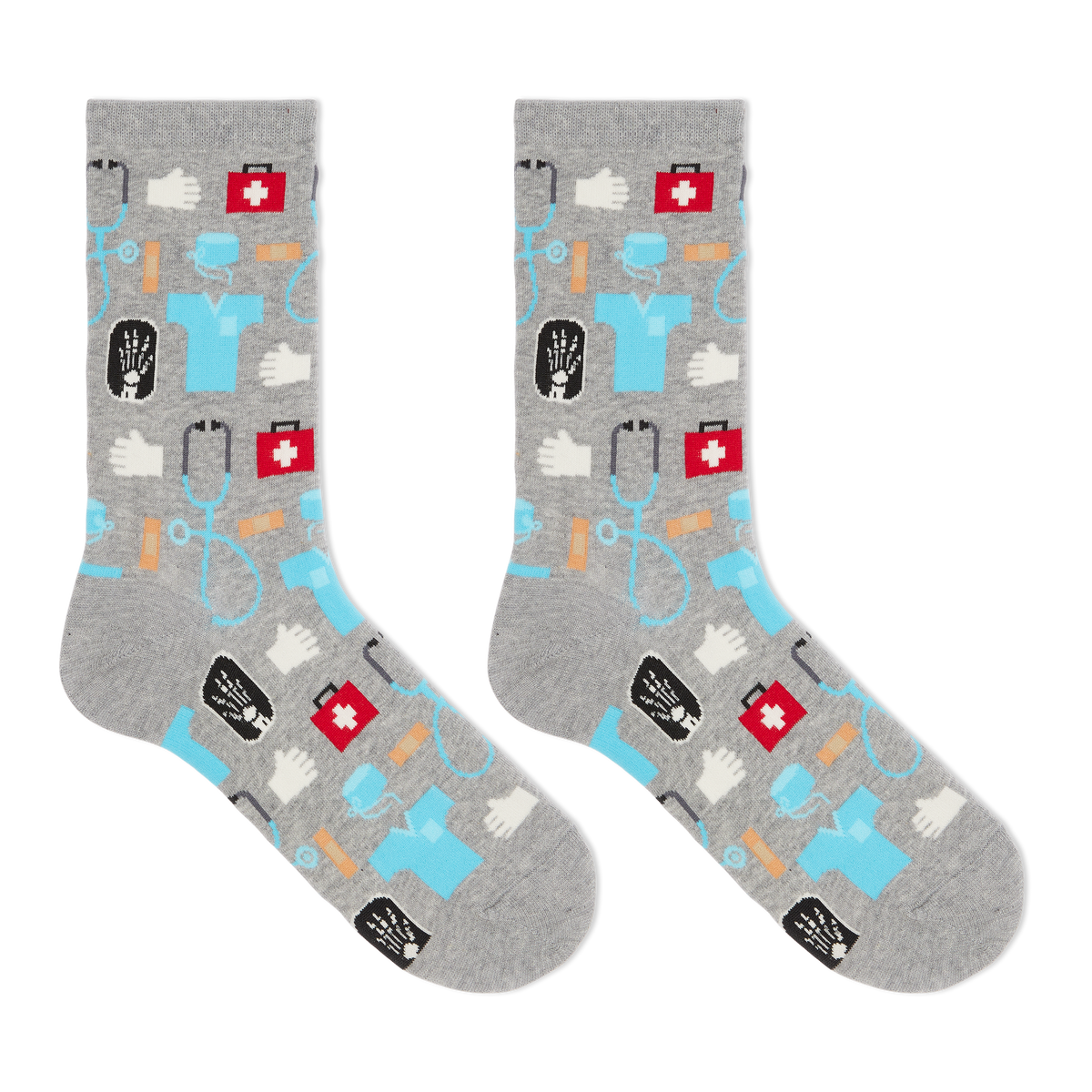 A pair of women's crew socks with a medical supplies print including images of a stethoscope, pills, and a hospital badge.