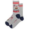 A pair of women's crew socks with a patriotic red, white, and blue design featuring text 'UNITED WE PARTY' and fireworks graphics.