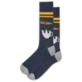 A pair of navy crew socks with a pattern of white cat faces and coffee cups, and yellow stripes.