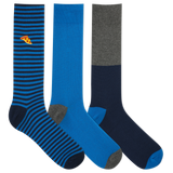 Three pairs of men's socks, featuring one with blue and white stripes, one with gray stripes, and one with a solid blue color and embroidered pizza slice icon. thumbnail