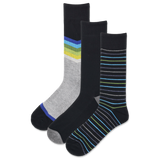 Three pairs of men's crew socks with chevron patterns and stripes in shades of black, gray, blue, and green. thumbnail