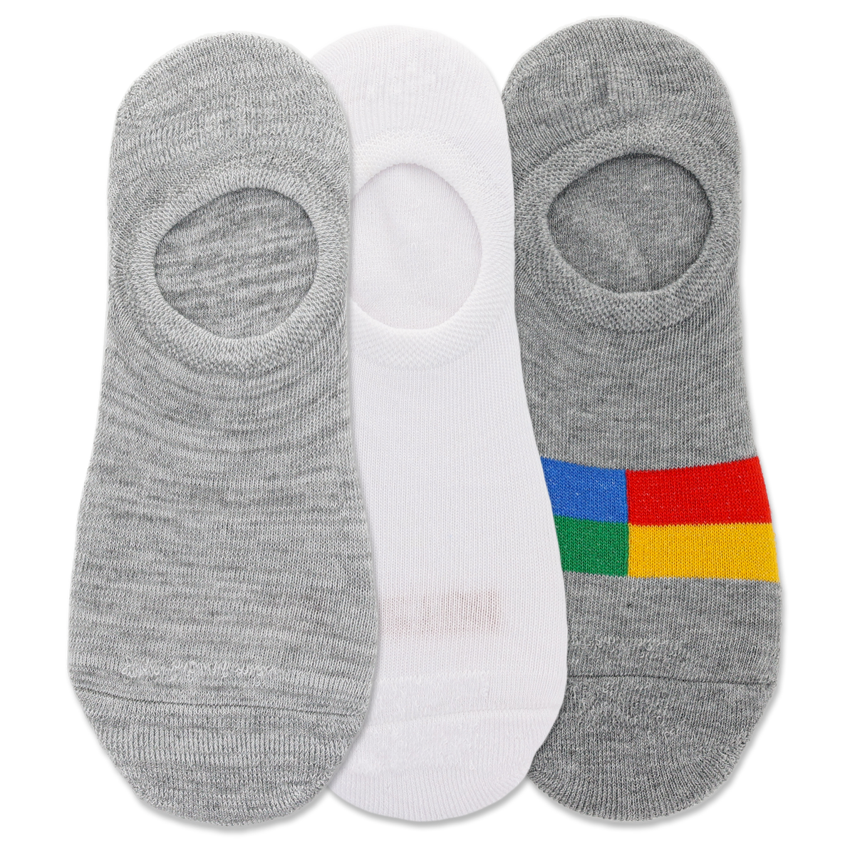 Three pairs of men's liner socks with varying designs, predominantly in gray, white, and multicolor patterns.